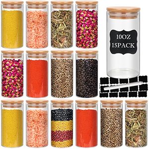 lot 60266 image: Glass Food Storage Containers Jars with Airtight Bamboo Lid 10oz 15pcs, 290ml Pantry Organization Jar, Glass Terrarium with Lid, Spice, Tea, Flour and Sugar Container, Canister Set for Kitchen Counter