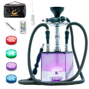 lot 60287 image: 2 Hose Hookah Set with Travel Case Cleaning Brush, ASANMA Micro Cube Acrylic Hookah with Silicone Bowl Coal Tongs Magical Remote LED Light for Better Shisha Narguile Smoking