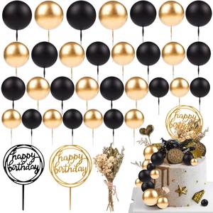 lot 60288 image: 33 PCS Mini Ball Cake Topper Cupcake Insert Acrylic Cake Topper Artificial Dried Flowers Cake Decorations for Anniversary Graduation Birthday Party Baby Shower (Black, Gold)