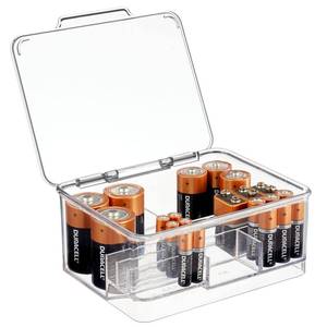 lot 60297 image: mDesign Stackable Divided Battery Storage Organizer Box Bin with Hinged Lid for AA, AAA, C, D, 9 Volt Sizes, Great Storage for Kitchens, Home Offices, and Utility Rooms - Clear