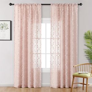 lot 60302 image: MYSKY HOME Pom Pom Dusty Pink Sheer Curtains for Living Room Bedroom Light Filtering Semi-Sheer Curtains for Nursery Girls Kids Room Boho Rod Pocket Voile Draperies Dusty Pink 37 x 72 inch 2 Panels