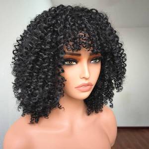 lot 60309 image: Short Curly Wigs for Black Women Natural Black 14 Inch Afro Bomb Curly Wigs with Bangs Soft Lightweight Synthetic Fiber Glueless Kinky Curly Hair