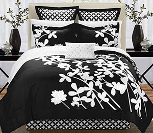 lot 60313 image: Chic Home Iris 7-Piece Comforter Set with Four Shams and Decorative Pillow, Queen Size, Black, Bedskirt