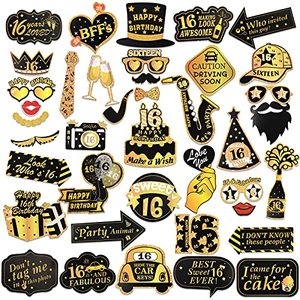 lot 60334 image: Howaf 16th Birthday Photo Booth Props, 40Pcs Black Gold Funny 16th Birthday Photo Props DIY Decoration Accessories Glasses Hat Moustache Necktie, Gift for 16th Happy Birthday Party Favor Supplies