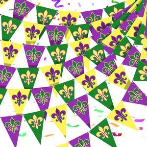 lot 60345 image: 100ft 120 Pcs Mardi Gras Decorations Mardi Gras Pennant Banner Yellow Green Purple Paper Banner for Mardi Gras Party Birthday Wedding Engagement Baby Shower Home Outdoor Hanging Decorations