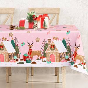 lot 60369 image: AnyDesign Pink Christmas Tablecloth 60 x 104 Inch Gingerbread House Reindeer Table Cover Rectangle Table Cloth for Xmas Home Farmhouse Picnic Dining Table Decor
