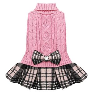 lot 60373 image: KYEESE Valentines Day Dog Sweater Dress for Small Medium Dogs with Bowtie Checkered Turtleneck Dog Sweaters Warm Pet Sweater Pink
