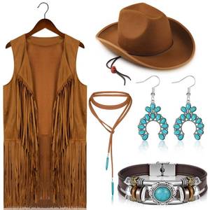 lot 60380 image: Vabean 5 Pcs Western Cowgirl 70s Hippie Costume Set Include Vest Hats Turquoise Dangle Earrings Pendant Choker Bracelets (XX-Large)