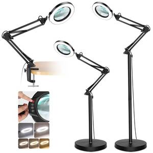 lot 60400 image: 10X Magnifying Glass with Light and Stand, Krstlv LED 5 Color Modes, Stepless Dimmable Magnifying Floor Lamp, 3-in-1 Adjustable Swing Arm Lighted Magnifier Lamp with Clamp for Reading, Craft, Esthetic