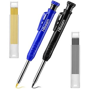 lot 60401 image: Hiboom 2 Pack Solid Carpenter Pencil with 14 Refill, Long Nosed Deep Hole Mechanical Pencil Marker with Built-in Sharpener for Carpenter Woodworking Architect with Design Patent (Black, Blue)