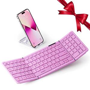 lot 60421 image: seenda Foldable Bluetooth Keyboard for Travel, Portable Wireless Folding Keyboard with Number Pad, Full-Size Rechargeable Keyboard for Laptop Tablet PC Mac Windows iOS Android - Purple Pink