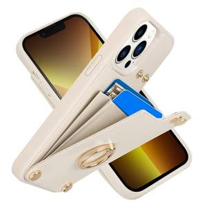 lot 60424 image: LAMEEKU Compatible with iPhone 14 Pro Wallet Case 6.1, Leather with Card Holder, 360°Rotation Ring Stand, RFID Blocking Snap Button Protective Designed for Apple Beige (2022)