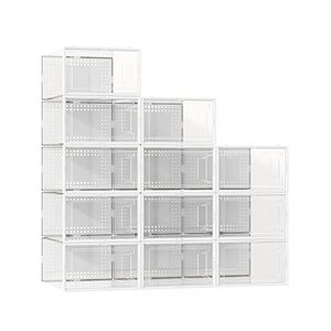 lot 60428 image: 12 Pack Large Shoe Organizer Storage Boxes for Closet, Modular Space Saving Shoe Boxes Clear Plastic Stackable Sneaker Containers Display Case with Lids, White