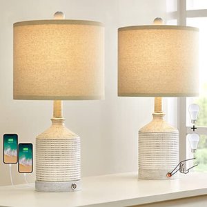 lot 60431 image: PoKat 20 Farmhouse 3-Way Dimmable Touch Ceramic Table Lamp Sets of 2 Contemporary White Bedside Lamps for Living Room Bedroom Rustic Nightstand End Table Lamps with 2 USB Ports (2 Bulbs Included)