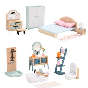 lot 60436 image: Giant bean Wooden and Plastic Dollhouse Furniture Set, Bathroom and Bedroom Set, 24 PCS Dollhouse Accessories Pretend Play Furniture Toys for Boys Girls & Toddlers