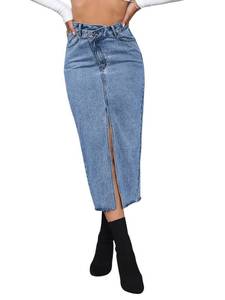 lot 60440 image: SweatyRocks Womens Casual High Waist Denim Skirt Split Hem Raw Trim Midi Jean Skirts Blue MNO SIZE VISIBLE