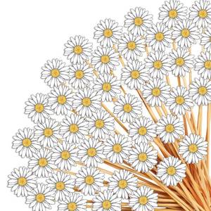 lot 60448 image: Seewey 100 Pcs Daisy Cocktail Picks 5.1 inch Long Bamboo White Daisy Flower Toothpicks for Appetizers Floral Decorative toothpicks for Fruit Food Sandwich Charcuterie Skewers Groovy Party Supplies