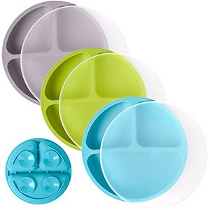 lot 60451 image: WeeSprout Suction Plates with Lids for Babies & Toddlers - 100% Silicone, Dinnerware Stays Put, Divided Design for Picky Eaters, Microwave & Dishwasher Friendly, 3 Pack