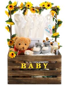 lot 60452 image: Juexica Wooden Baby Shower Crate Closet, Sunflower Theme Baby Basket with Handle and Garland Letter, Baby Storage Crate Hamper, Personailze Baby Shower Wooden Gift Crate for Pregnancy New Parent