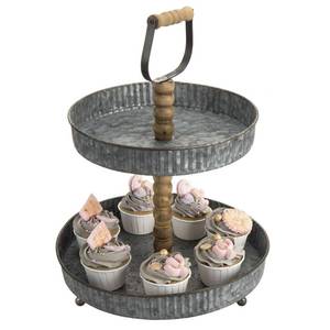 lot 60463 image: MyGift 2 Tier Cupcake Stand, Rustic Galvanized Silver Metal Pastry, Dessert and Appetizer Serving Display Stand with Carved Wooden Post and Top Handle