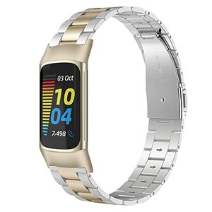 lot 60478 image: Wearlizer Compatible with Fitbit Charge 5 Bands for Women Men, Classic Stainless Steel Ultra-Thin Lightweight Replacement Straps Charge 5 Bands(Soft GoldSliver)