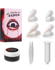 lot 60482 image: 4 Pieces Vampire Teeth Fangs with Vampire Blood Makeup Kit4 Sizes Custom Fangs Vampire Teeth with Reusable Adhesive for Halloween Cosplay Party Favors Props Supplies