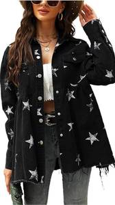 lot 60512 image: chouyatou Womens Casual Frayed Raw Hem Star Print Mid Long Peplum Denim Jacket L