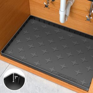 lot 60531 image: Under Sink Mats for Kitchen Waterproof, 34 x 22 Flexible Silicone Under Sink Liner Holds Over 3.3 Gallons Liquid, Under Sink Tray to Protect Kitchen Bathroom Cabinet - Black