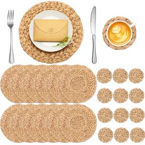 lot 60537 image: Gejoy Woven Placemats Set Brown Round Rattan Placemats and Coasters Heat Resistant Woven Chargers Braided Round Woven Table Mat for Dining Table Kitchen Outdoor Room, 12 Inches (24)