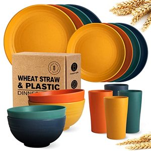 lot 60541 image: Teivio 16-Piece Kitchen Plastic Wheat Straw Dinnerware Set, Service for 4, Dinner Plates, Dessert Plate, Cereal Bowls, Cups, Unbreakable Plastic Outdoor Camping Dishes, Autumn Multicolor