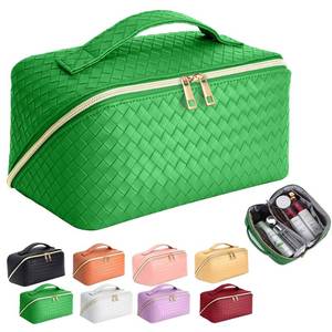 lot 60562 image: ZAUKNYA Makeup Bag - Large Capacity Travel Cosmetic Bag, Portable Leather Waterproof Women Travel Makeup Bag Organizer, with Handle and Divider Flat Lay Checkered Cosmetic Bags (Green)