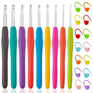 lot 60566 image: Vodiye 23 PCS Crochet Hooks, Ergonomic Handle Crochet Hooks Set for Arthritic Hands, Comfortable Smooth Crochet Needles Extra Long Knitting Needles with Stitch Markers, Rubber, Multicolor