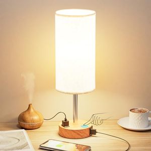 lot 60586 image: Fenmzee Bedside Table Lamp for Bedroom - 3 Way Dimmable Touch Lamp USB C Charging Ports and AC Outlet, Small Lamp Wood Base Round Flaxen Fabric Shade for Living Room, Desk, LED Bulb Included