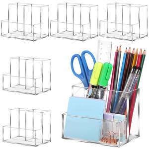 lot 60590 image: BOBOKA 4 Pack Clear Acrylic Pen Holder, Makeup Brush Holder Desktop Pencil Organizer 3 Compartments, Desk Accessories, Stationery Organizer for Office School Home Supplies