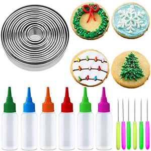 lot 60592 image: Artcome Christmas Series Cookie Decorating Tool Set, 11 Pcs Circle Cookie Cutters, 6 Pcs Easy Squeeze Write Bottles and 6 Pcs Sugar Stir Needles for DIY Decorating Cookies and Cakes