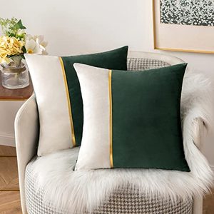 lot 60603 image: MIULEE Pack of 2 Decorative Velvet Throw Pillow Covers Patchwork with Gold Leather Square Soft Solid Pillowcases Couch Pillows Cushion Covers for Spring Bed Sofa Living Room 18 X 18 Inch Army Green