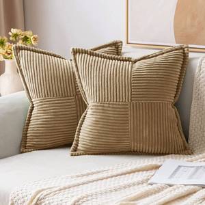 lot 60671 image: MIULEE Khaki Corduroy Pillow Covers 12 x 12 inch with Splicing Set of 2 Super Soft Couch Pillow Covers Broadside Striped Decorative Textured Throw Pillows for Cushion Bed Livingroom