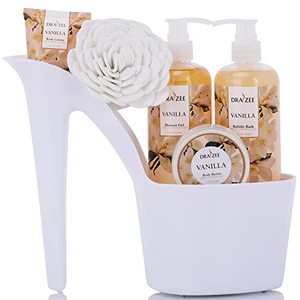 lot 60719 image: Gifts for Mom - Heel Shoe Spa Basket For Women 5 Pcs Vanilla Scented Home Relaxation Set w Body Lotion & Butter, Shower Gel, Bubble Bath - Anniversary Gift - Mothers Day Gifts Basket by Draizee