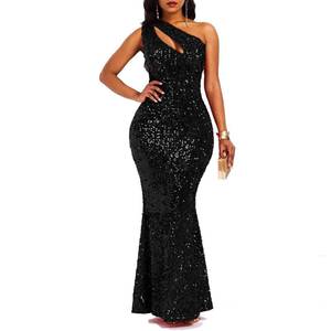 lot 60726 image: VERWIN Sequins Fashion Sleeveless Oblique Collar Mermaid Womens Maxi Dress Bodycon Dress Party Dress XXL Black