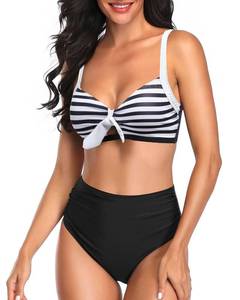 lot 60727 image: Tempt Me Women Striped Black Two Piece Swimsuits High Waisted Bikini Set Tummy Control Full Coverage Ruched Tie Knot Bathing Suits M