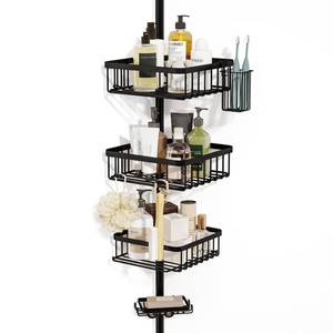 lot 60733 image: Fixwal Rustproof Shower Corner Caddy Organizer for Bathroom, 3 Large Baskets with Soap Caddy & Toothbrush Holder, Tension Pole Extend from 56 to 117 InchBlack