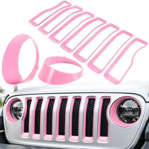 lot 60741 image: Front Grille Mesh Inserts & Headlight Cover for Jeep Wrangler JL JLU Unlimited SportSports 2018-2023 Exterior Accessories Clip-in Grille Guard Cover Headlight Bezels Trim Ring (Pink 9PCS)