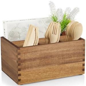 lot 62205 image: DRASTAR Utensil Caddy, Silverware Caddy for Party, Acacia Wood Silverware Holder, Silverware Organizer Countertop, Cutlery Storage Containers for Kitchen Table