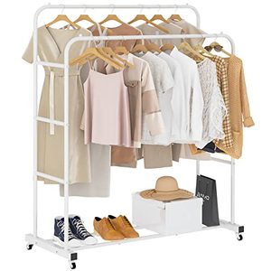 lot 62208 image: Laiensia Double Rods Clothing Rack with Wheels, Garment Rack for Hanging Clothes, Multi-functional Bedroom Clothes Rack, White