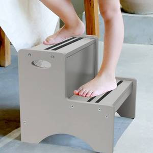 lot 62210 image: HAJACK Step Stools for Kids, Gray Toddler Step Stool, Wooden Two Step Stool with Bonus Safety Non-Slip Mats and Handle, Bathroom Potty Stool & Kitchen Step Stool & Bedroom Stool for Home Use