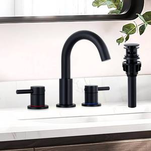 lot 62219 image: KZH Matte Black Bathroom Faucet 3 Hole, 8 inch Widespread Bathroom Faucet with Pop Up Drain, Bathroom Sink Faucet with 360° Swivel Spout, 2 Handle Vanity Faucet with Water Supply Hoses