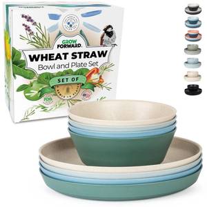 lot 62221 image: Grow Forward Premium Wheat Straw Plates and Bowls Sets - 8 Unbreakable Microwave Safe Dishes - Reusable Wheat Straw Dinnerware Sets - Plastic Plates and Bowls Alternative for Camping, RV - Oasis