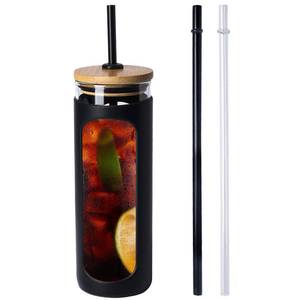 lot 62240 image: Kodrine 24 oz Glass Water Bottle with Bamboo Lid and Straw, Wide Mouth Water Tumbler,Straw Silicone Protective Sleeve BPA FREE-Black