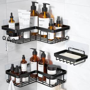 lot 62245 image: YASONIC Corner Adhesive Shower Caddy, with Soap Holder and 12 Hooks, Rustproof Stainless Steel Bathroom Organizer, No Drilling Wall Mounted Rack, Black, 3-Pack
