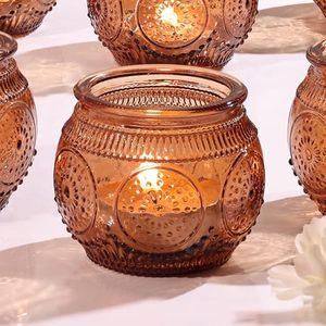 lot 62533 image: LAMORGIFT 8 Pcs Amber Votive Candle Holders- Amber Candle Holders for Boho Wedding Decor, Rustic Wedding Decor, Glass Tea Lights Candle Holders for Vintage Party Decorations